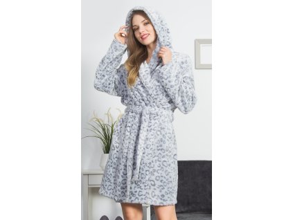 Dámsky župan krátky s kapucňou Leopard grey (Varianta šedá; 1XL)
