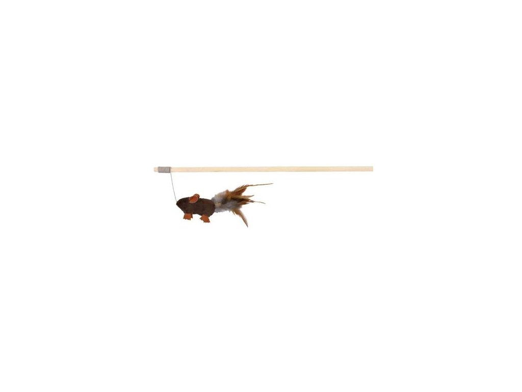 Dřevěná udice s plyšovou myší a peřím 50 cm