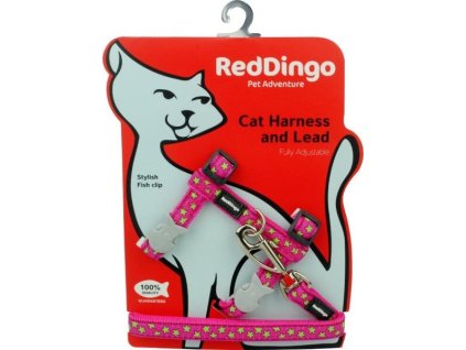 Red Dingo postroj s vodítkem pro kočky – Stars Lime on Hot Pink – 12 mm