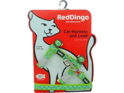 Red Dingo postroj s vodítkem pro kočky – Stars Turquoise on Lime – 12 mm