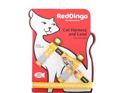Red Dingo postroj s vodítkem pro kočky – White Spots on Yellow – 12 mm