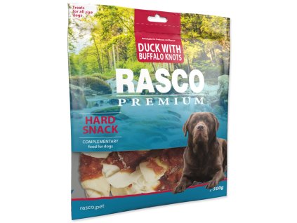 Pochoutka Rasco Premium buvolí kůže s kachním, uzly 5cm 500g