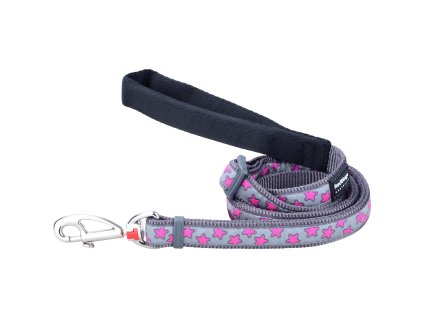 Red Dingo vodítko – Hot Pink Stars on Grey – 15 mm x 1,8 m