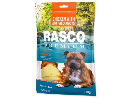 Pochoutka Rasco Premium buvolí kůže obalená kuřecím, uzly 11cm 80g