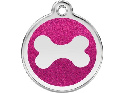 Red Dingo známka – Bone Glitter Hot Pink – Kost tmavě růžová třpytivá velikost známky L - 37 mm