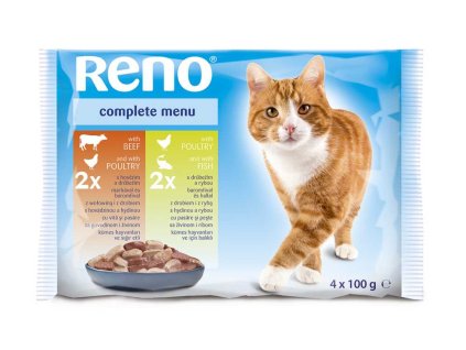 RENO Cat hovězí / drůbeží, drůbeží / ryba, kapsa 100 g (4 pack)