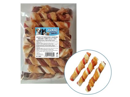 Tyč buvolí kroucená 2 barevná obalená kuřecím masem JUKO Snacks 12,5 cm (20 ks)