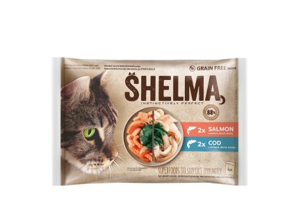 SHELMA Cat losos a treska, kapsa 85 g (4 pack)