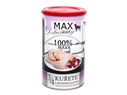 MAX Deluxe Dog 3/4 kuřete s drůbežími žaludky, konzerva 1200 g