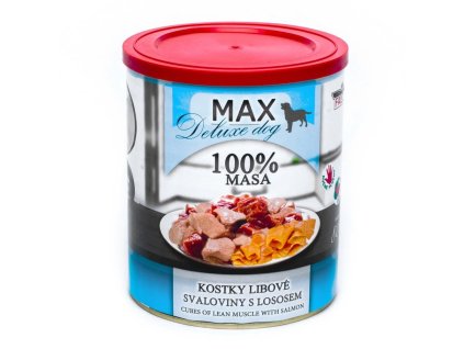 MAX Deluxe Dog kostky libové svaloviny s lososem, konzerva 800 g