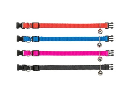 Nylonový nastavitelný obojek pro kočku, s rolničkou, oranž/modrá/malinová/černá