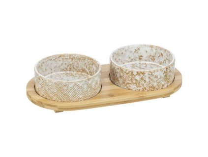 Set misek v bambusovém stojanu, bílá/světlehnědá (Velikost 2 × 0,8 l/ ø 16 cm/ 39 x 8 x 20 cm)