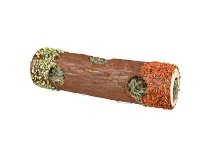 Dřevěný tunel se senem a květy ibišku, mrkví a hráškem (Velikost ø 9 x 30 cm, např. malý hlodavec, králík)