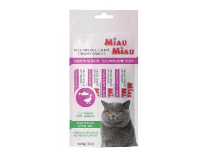 Miau Miau Creamy Snacks Cat losos a kachní 15 g (4 pack)