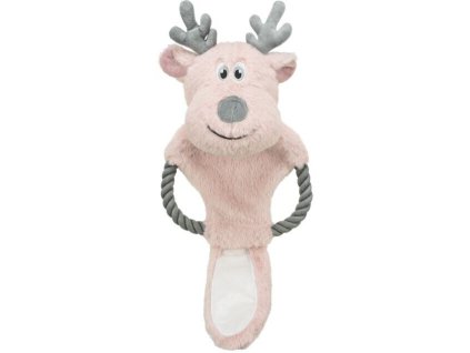 Vánoční sob na laně, šustící, 47 cm, plyš/bavlněné lano, růžová/šedá