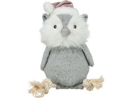 Vánoční sova na laně, se zvukem, 31 cm, plyš/bavlněné lano, šedá/bílá/béžová