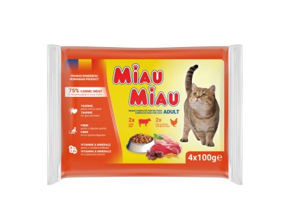 Miau Miau Cat Mix hovězí a kuřecí, kapsa 100 g (4 pack)