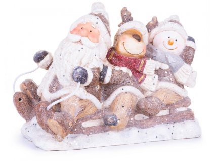Dekorace MagicHome Vánoce, Santa, sob a sněhulák na saních, keramika, 45x23x34,50 cm