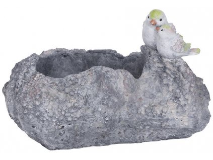 Dekorace MagicHome, Kámen s ptáčkem a květináčem, keramika, 35,5x26,5x20,5 cm