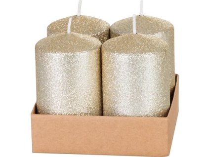 Svíčka MagicHome Vánoce, 4,8x8 cm, válcová, bal. 4 ks, šampaň, s glitry, adventní