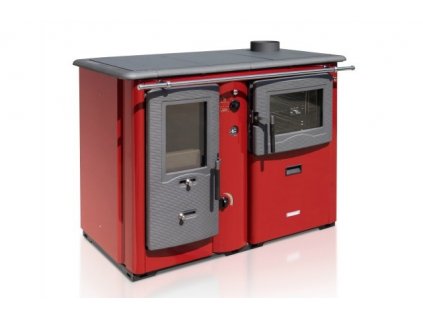 Teplovodní sporák na tuhá paliva TEMY PLUS P 20 s troubou - červený, pravý