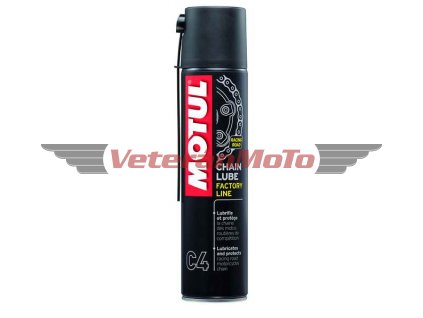Bíle zabarvené mazivo MOTUL Chain Lube Factory Line speciálně vyvinuté pro mazání řetězů závodních motocyklů. Objem 400 ml.