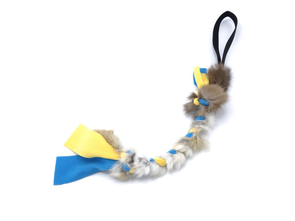 Fleecové Přetahovadlo pro psy s králičinou - mini (cca 30 - 35 cm) žluto-modrá