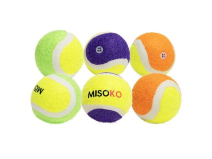 Hračka pro psy MISOKO, tenisové míčky, se zvukem, 6 ks, 4,5 cm, fialová/oranžová/zelená/žlutá