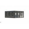 Modulová kancelář 36 m² DOUBLE GLASS – půdorys 6×6 m, interiér s prosklenými dveřmi