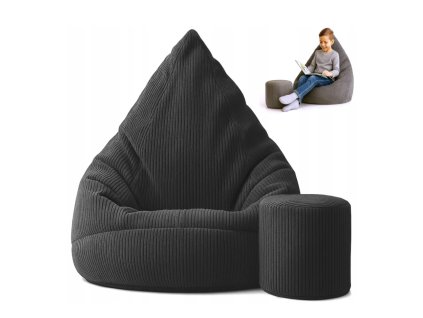 Manšestrový sedací vak pro děti ČERNÝ + PODNOŽKA ZDARMA