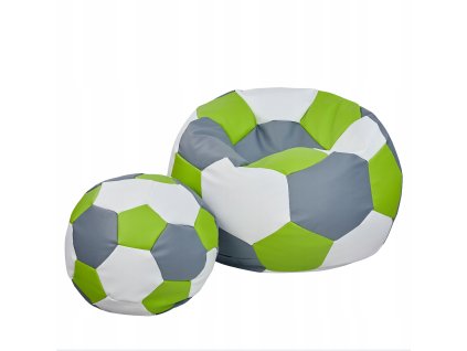 Sedací vak futbalová lopta XXXXL 100 cm s podnožníkom – bielo-šedo-zelená eko koža