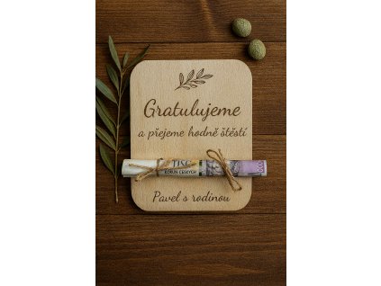 drevena svatebni karta na penize gratulujeme