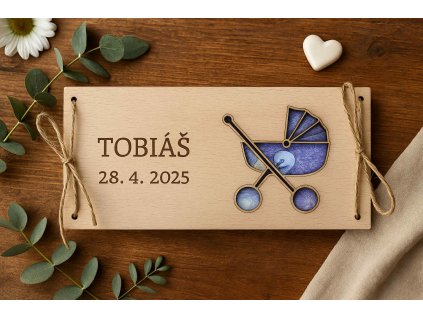 drevena darkova obalka na penize kocarek jmeno datum narozeni