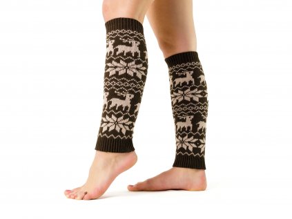 Vianočné pletené návleky na nohy soby VFstyle 40 cm tmavo hnedé