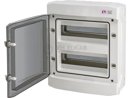 1142 rozvadec na omitku eti ech 24pt 24 mod 2 rady ip65 pruhledna dvirka plast