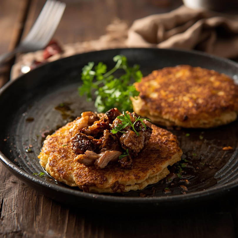 Křupavé bramboráky s trhaným králíkem a vepřovým bůčkem