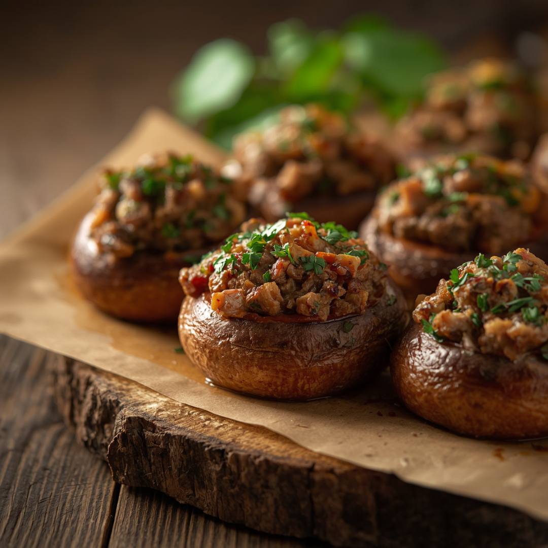 Zapiekane pieczarki faszerowane wołowiną w pieprzu grubo mielonym