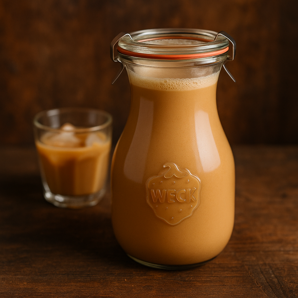 Karamelovy liker domaci darkovy recept – hladky vyvazeny v karafe Weck – Via Delicia