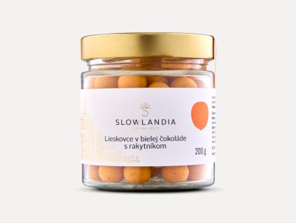 Lískové oříšky v bílé čokoládě s rakytníkem 200 g
