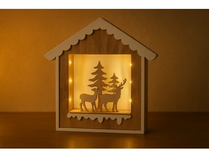 Drevený svietiaci domček so sobmi
