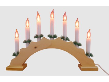 Vianočný drevený svietnik v tvare oblúka, prírodná farba, 7 sviečok plameň