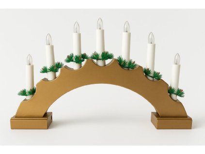 Vianočný drevený svietnik v tvare oblúka, zlatá farba, 7 sviečok, teplá biela, na batérie