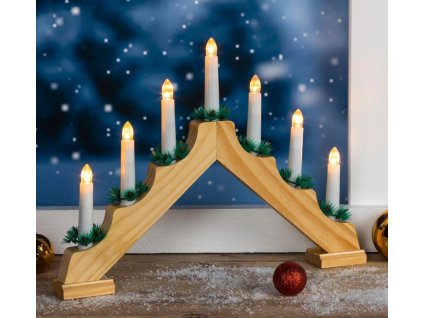 Vianočný drevený svietnik v tvare pyramídy, prírodné drevo, 7 sviečok, teplá biela