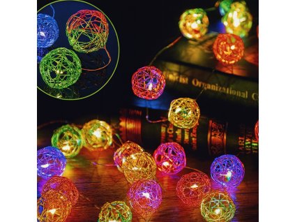 Vianočná mikro reťaz s 50 drôtenými guľami, rôznofarebná, 5m