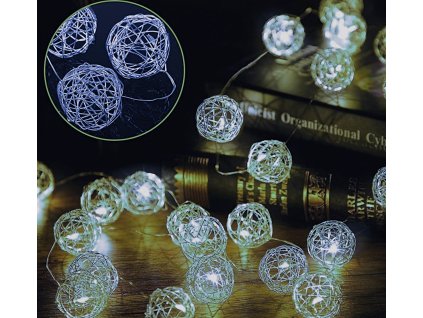 Vianočná mikro reťaz s 50 drôtenými guľami, studená biela, 5m