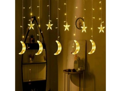 Vnitřní LED světelný vánoční závěs - měsíce a hvězdičky, 3m, 138 LED, různé barvy na výběr (Barva Různobarevná)