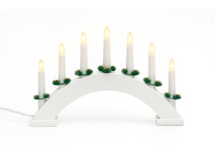 Vianočný drevený svietnik v tvare oblúka, biela farba, 7 sviečok, teplá biela