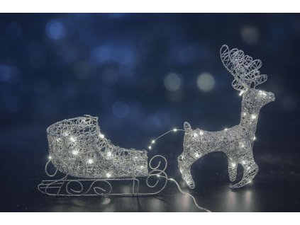 LED vánoční sob se saněmi – stříbrná svítící dekorace se studeným bílým světlem a třpytkami (Velikost (cm) 45cm)