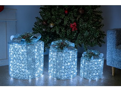 Sada 3 svietiacich vianočných darčekov – valce, studená biela