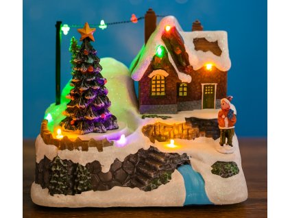 Vianočný domček so svetielkami, hudbou a rotujúcim stromčekom